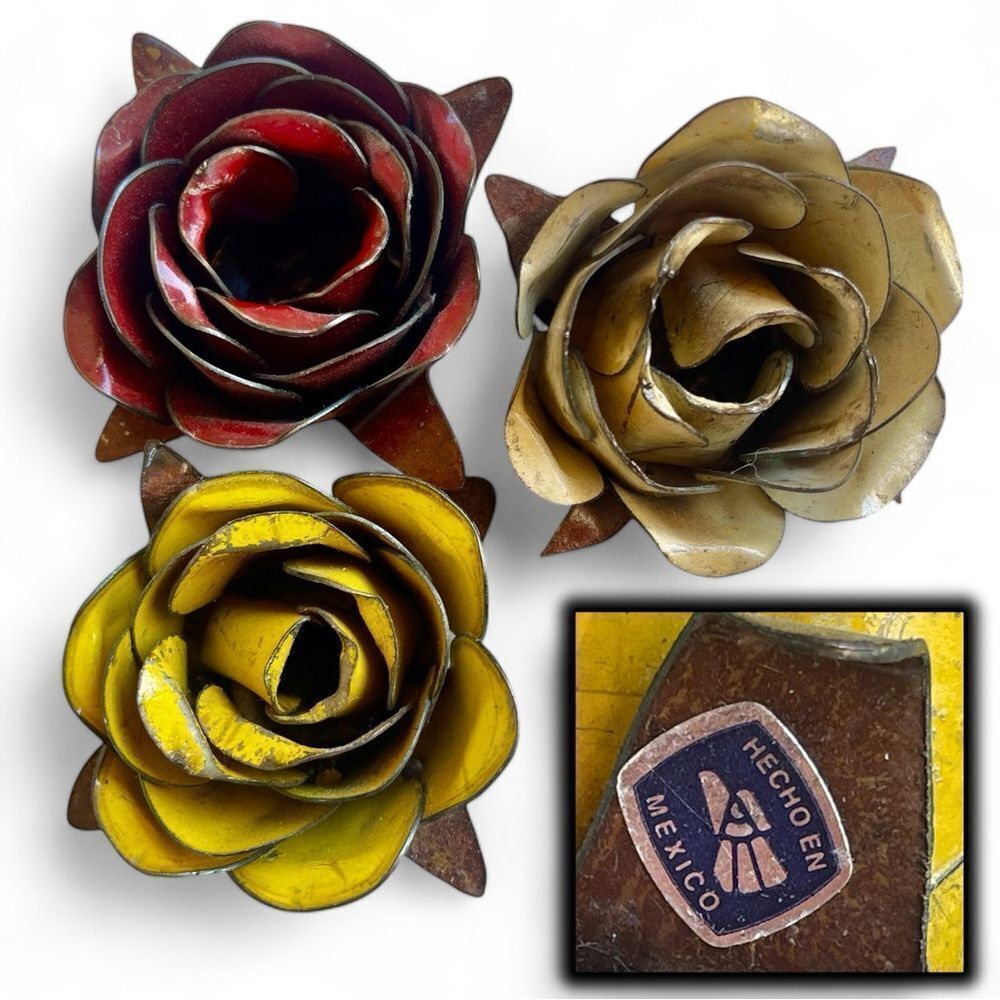 Rustic Painted Forged Metal Decorative Rose Bloom Trio in White Red Yellow - Picture 16 of 16